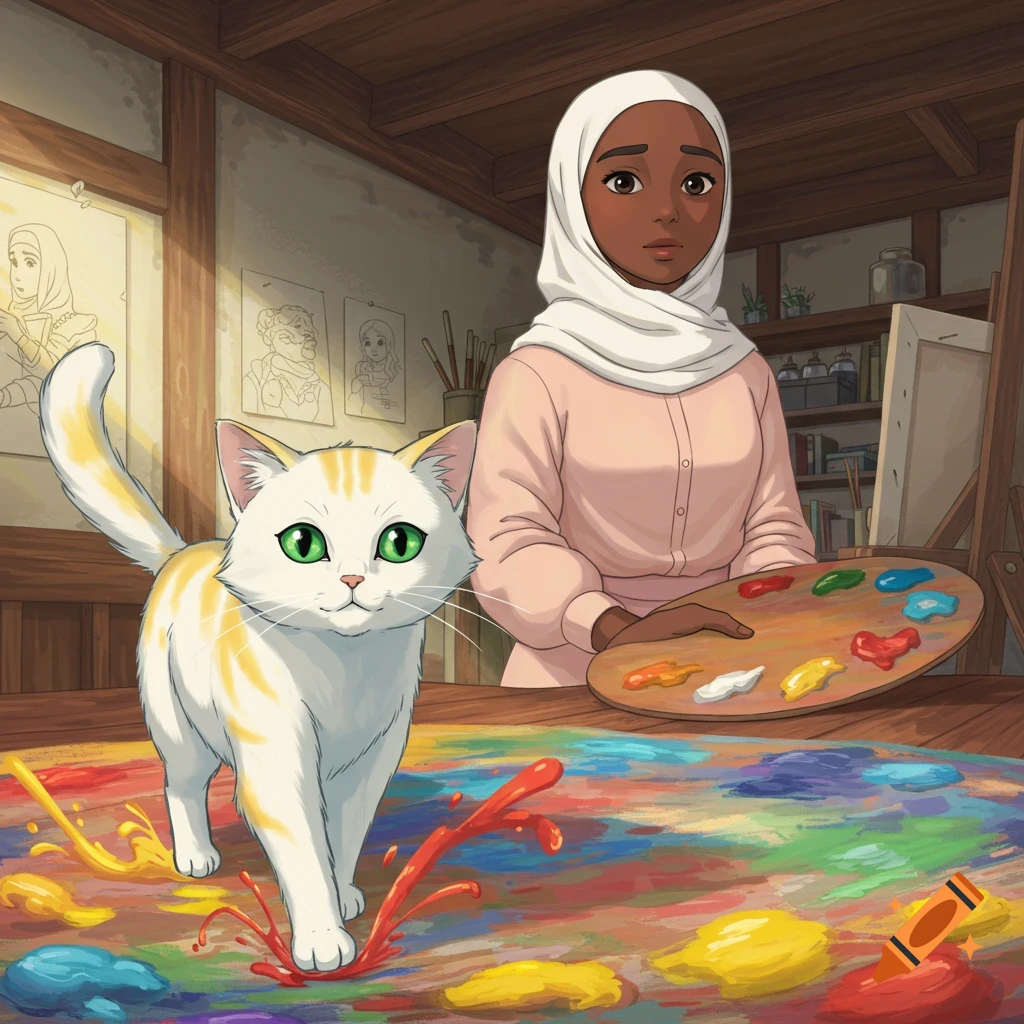 A Ghibli-style illustration of a white cat with yellow stripes walking on a paint-splattered surface, next to a woman holding a palette in an art studio.