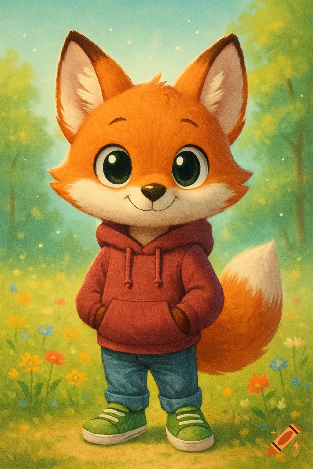An adorable cartoon red fox character wearing a maroon hoodie, blue jeans, and green sneakers stands in a sunny meadow with colorful flowers.