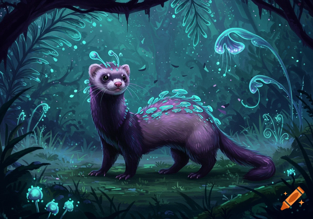 A purple and white ferret-like creature with glowing turquoise mushrooms on its back stands in a dark, magical forest.