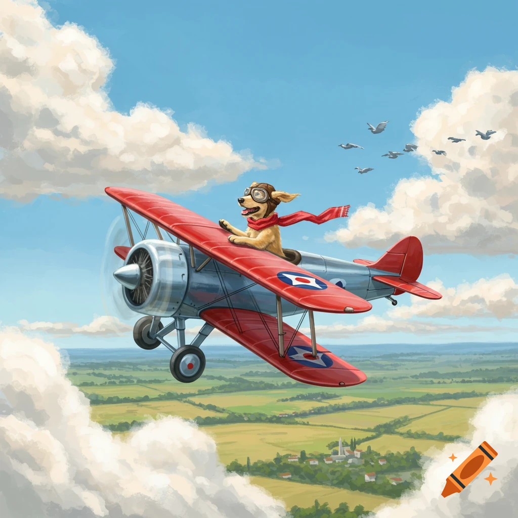 A happy cartoon dog in goggles and a red scarf flies a red biplane through a blue sky with white clouds, above a green landscape.