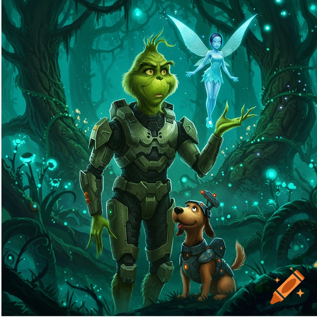 The Grinch dressed as Master Chief stands in a glowing forest, looking at a flying blue fairy while his armored dog sits below.