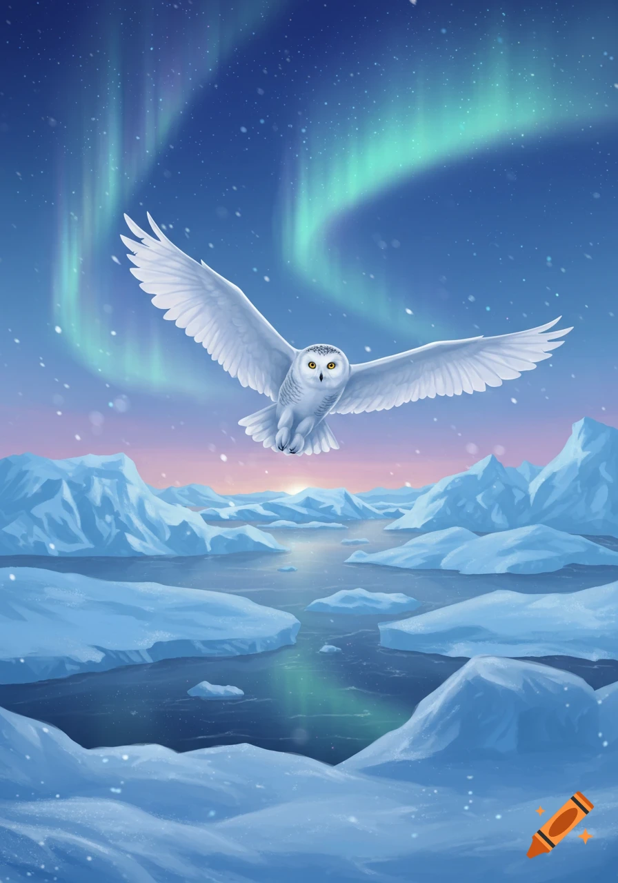 A majestic snowy owl with outstretched wings flies over a vibrant arctic landscape with icebergs and aurora borealis at twilight.