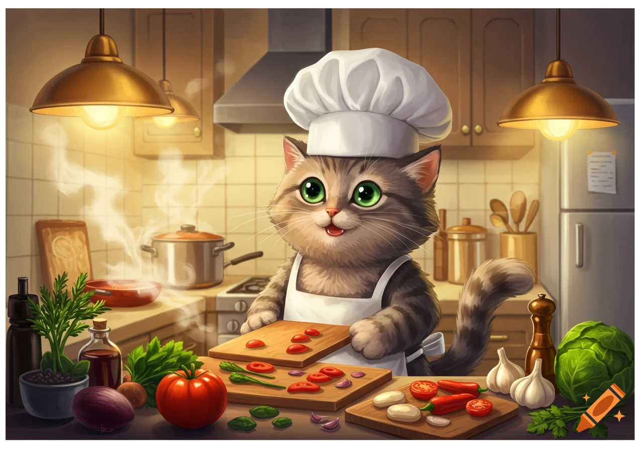 A fluffy tabby cat wearing a chef's hat and apron smiles while preparing vegetables on cutting boards in a warm kitchen.