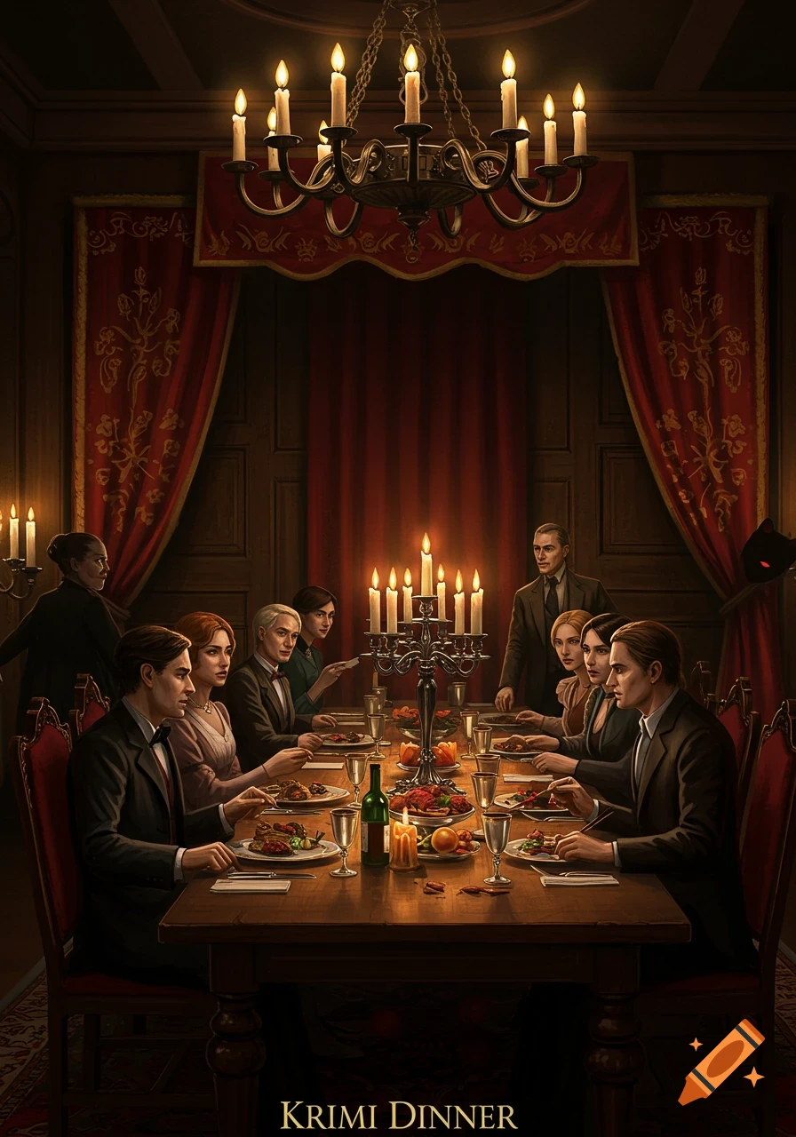 An illustration of a formal dinner party in a grand, candlelit room with elegantly dressed people seated around a table. Text: KRIMI DINNER.
