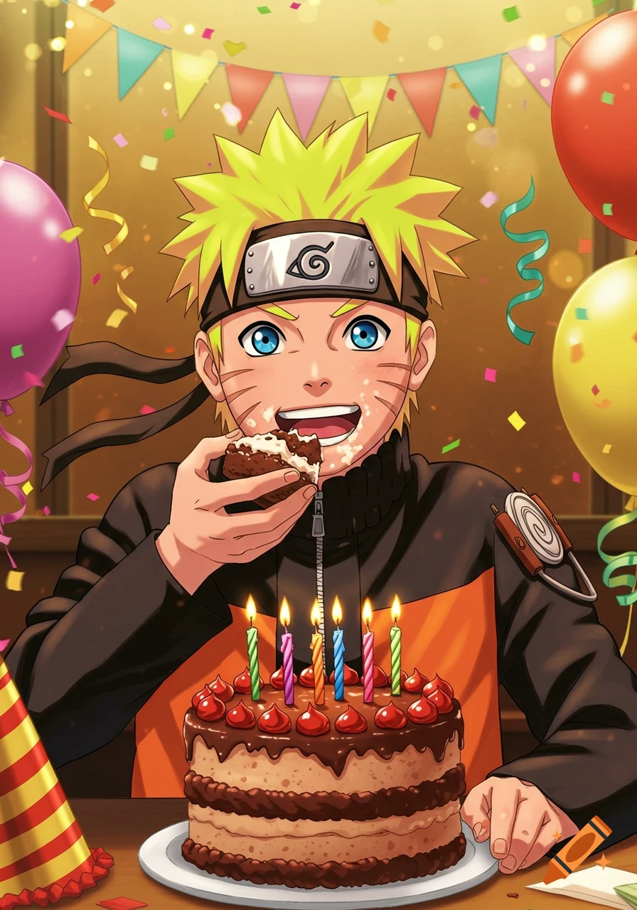 Naruto, an anime character, happily eats a piece of chocolate cake with frosting on his face at a birthday party.
