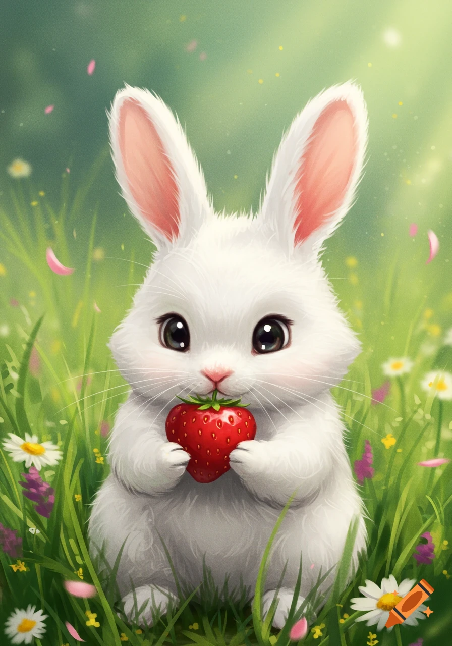 A cute fluffy white cartoon bunny with big eyes holds a red strawberry in a soft green grassy field with small flowers.