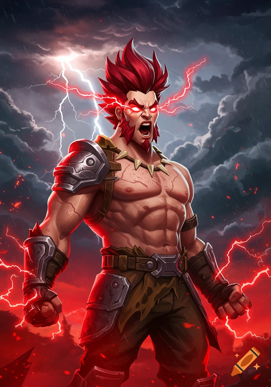 A muscular, red-haired fantasy character with glowing red eyes and red lightning, shouting amidst a stormy sky.