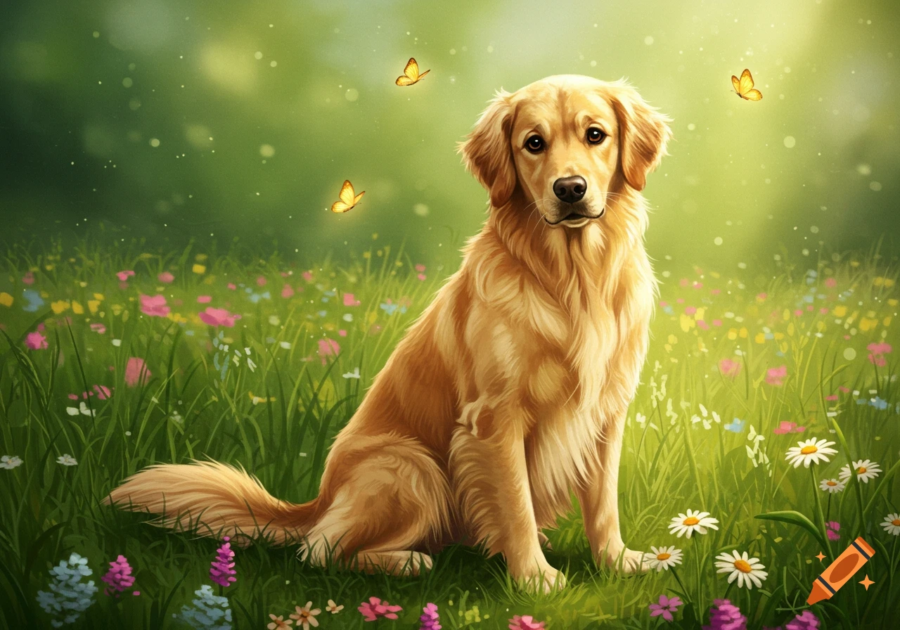 A golden retriever dog sits in a field of colorful wildflowers with butterflies flying around it, in a bright illustrative style.