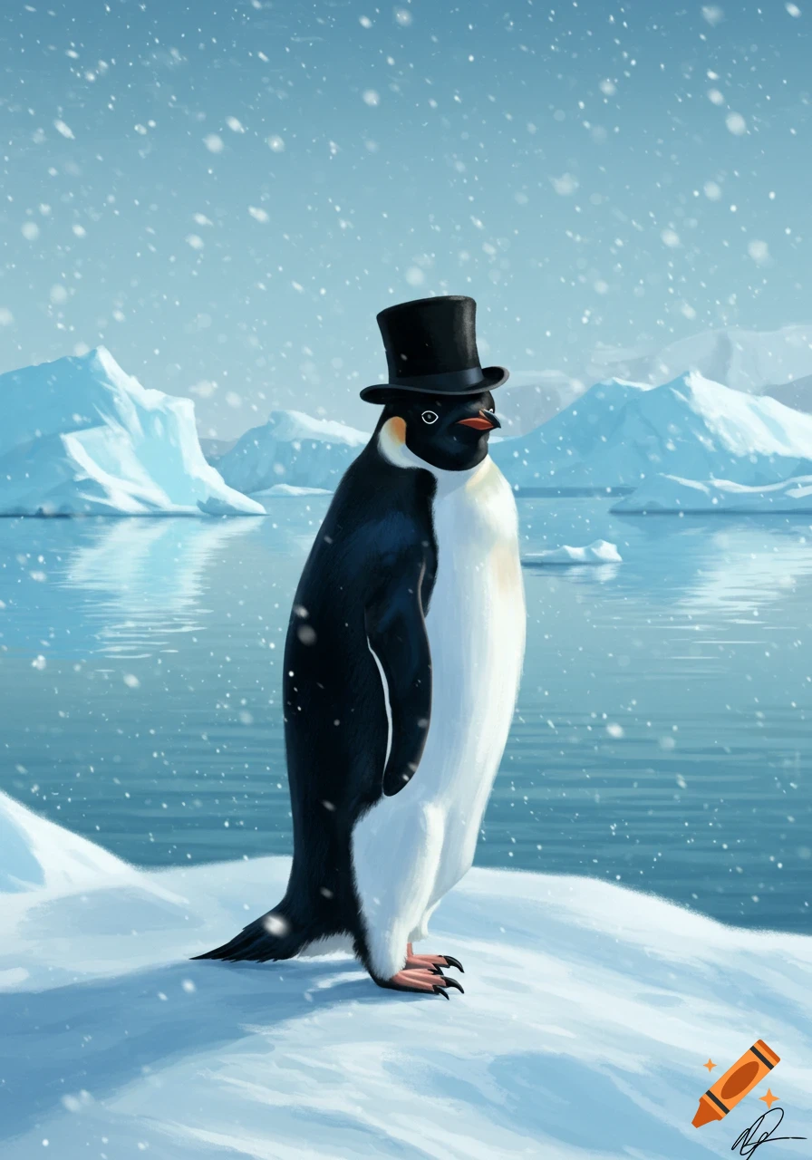 An illustration of an emperor penguin wearing a black top hat, standing on snow in a snowy arctic landscape with icebergs.