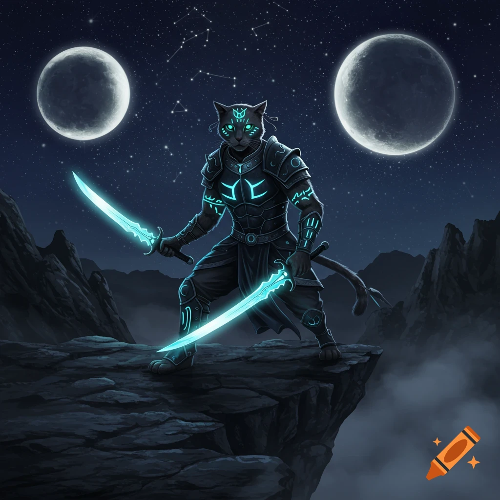 A cat warrior in glowing armor holds two glowing swords on a rocky cliff under a starry night sky with two moons.