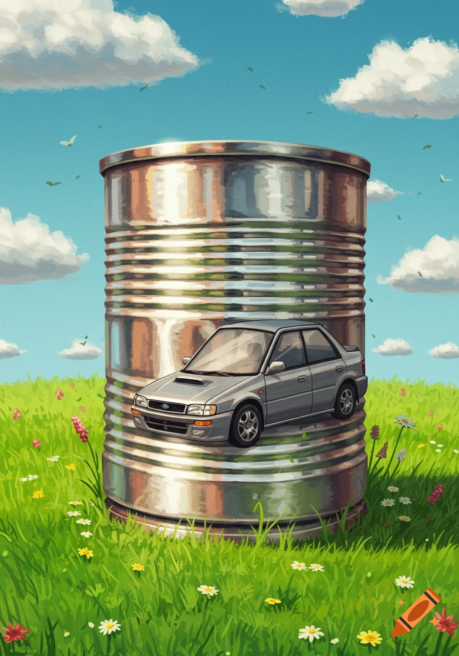 An illustrative image of a silver car leaning against a giant metallic tin can in a vibrant green field under a blue sky.