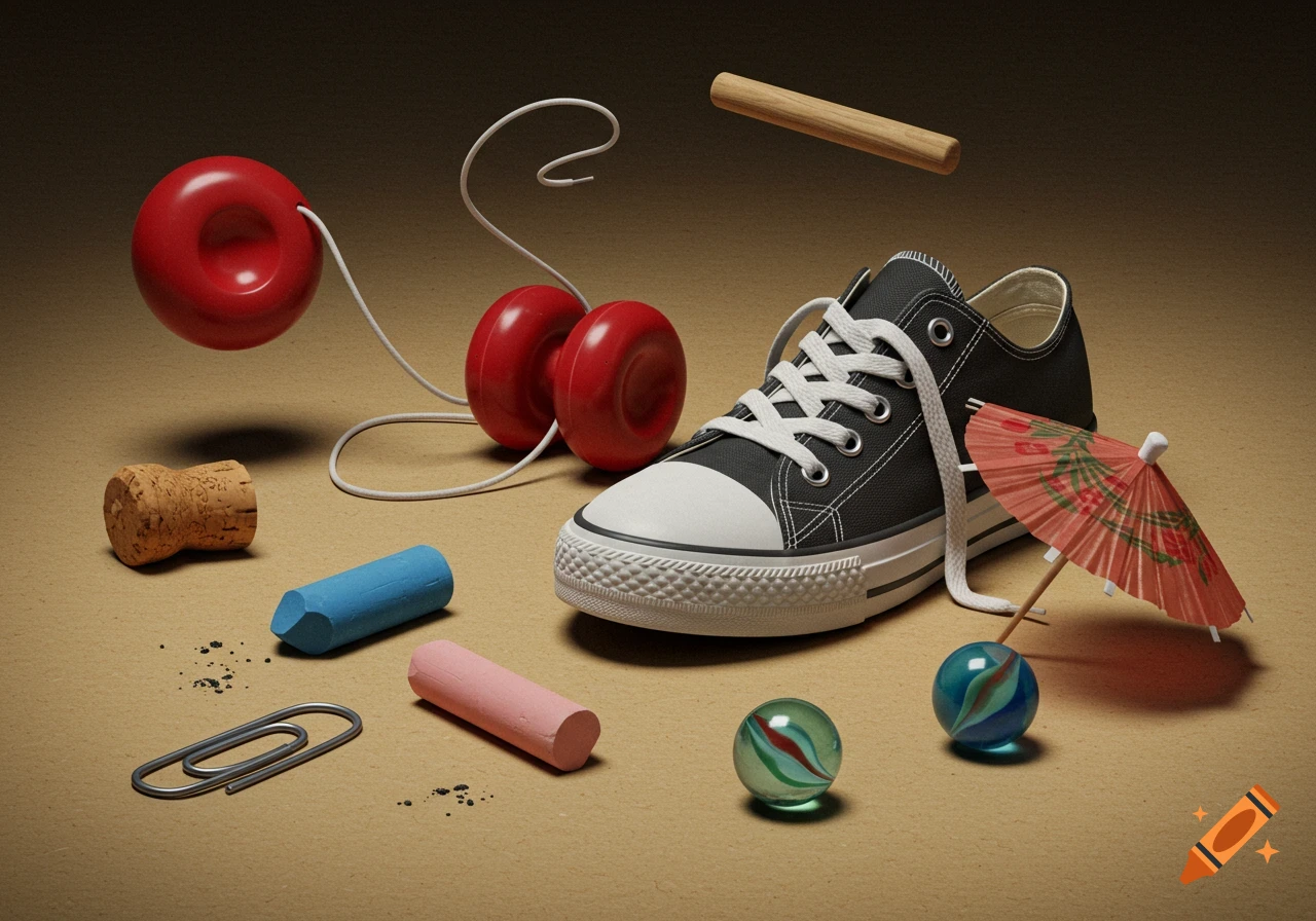 A still life of a black canvas shoe, a red yo-yo, a cork, blue and pink chalk, a paperclip, a cocktail umbrella, and two marbles on a beige surface.