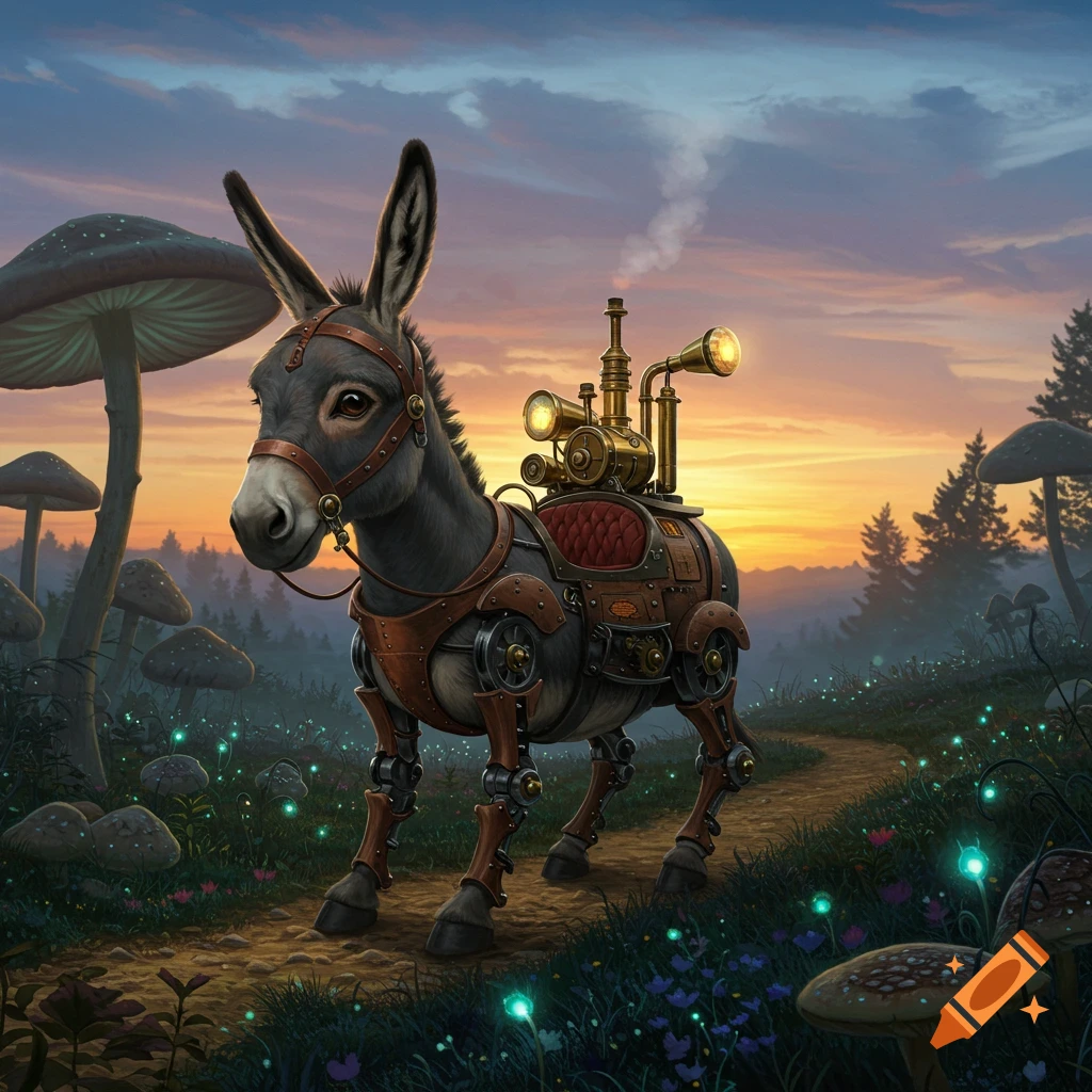 A steampunk donkey with brass machinery and glowing lights on its back stands on a path in a fantasy forest with giant mushrooms at sunset.