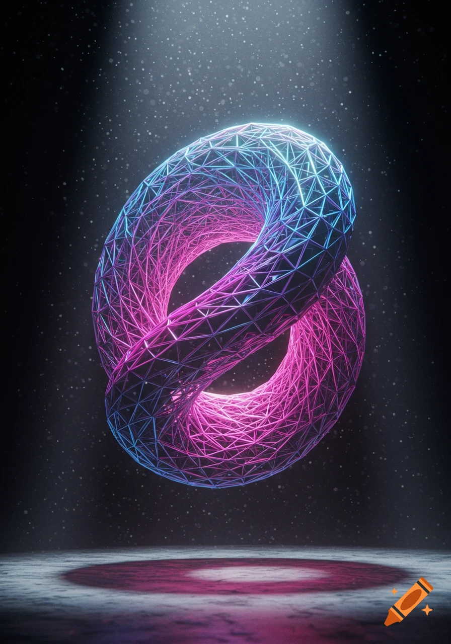 A glowing pink and blue wireframe torus-shaped object floats in a dark, speckled space, with light reflecting on the ground.