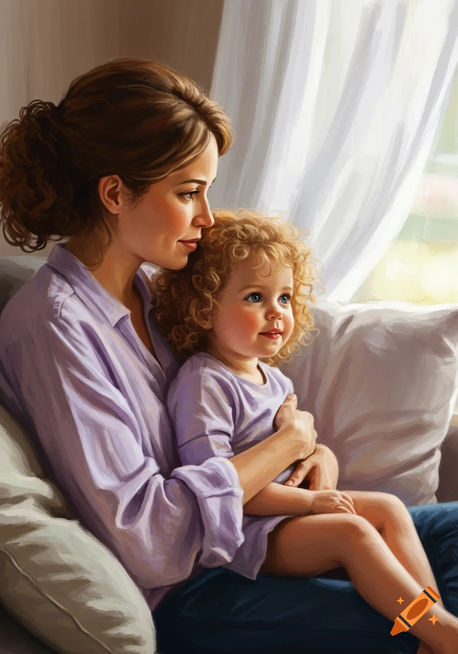 A mother and child in a painterly style, sitting on a sofa looking out a sunlit window.