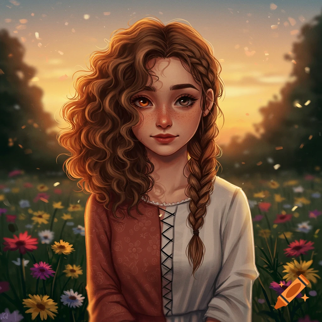 A stylized girl with curly brown hair on one side and a braid on the other, wearing a split-color dress, stands in a field of flowers at sunset.