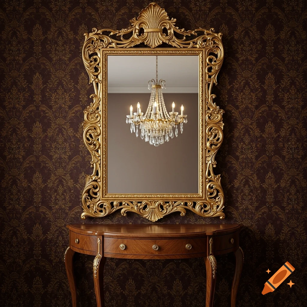 An ornate gold mirror above a wooden half-moon console table, reflecting a crystal chandelier, against dark patterned wallpaper.