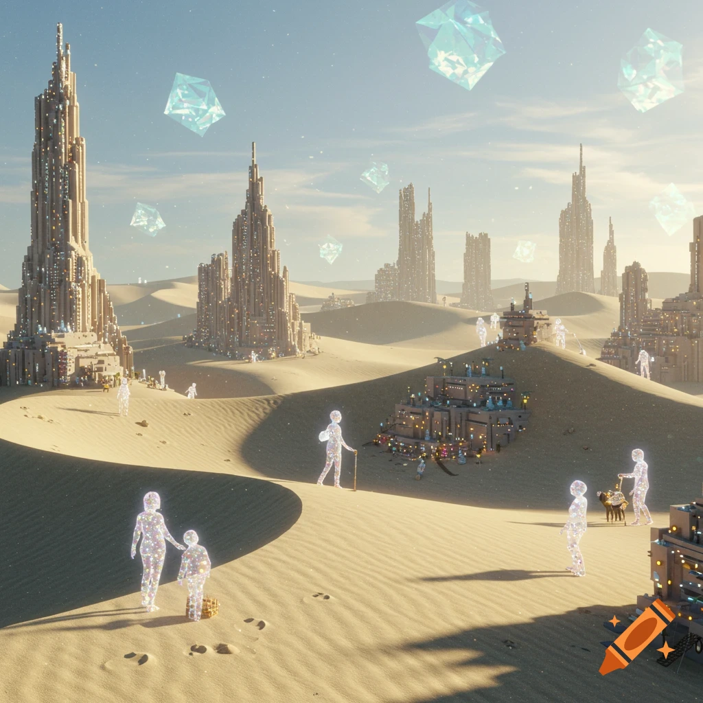 Futuristic desert landscape with towering, intricate buildings and crystalline figures walking among large floating crystals under a clear sky.