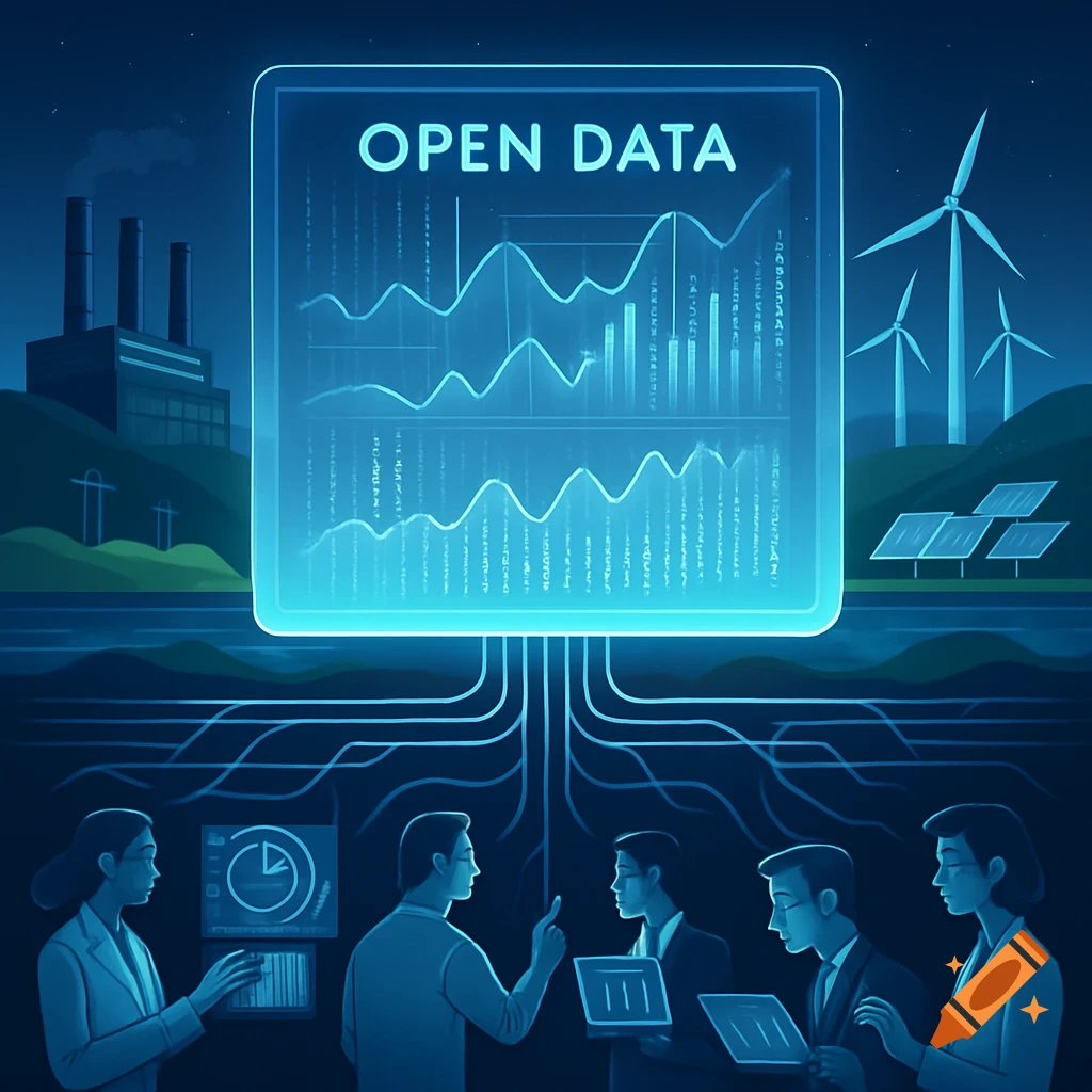 An illustration showing a glowing 'OPEN DATA' screen with charts, connected to business people discussing below, with a factory, wind turbines, and solar panels in the background.