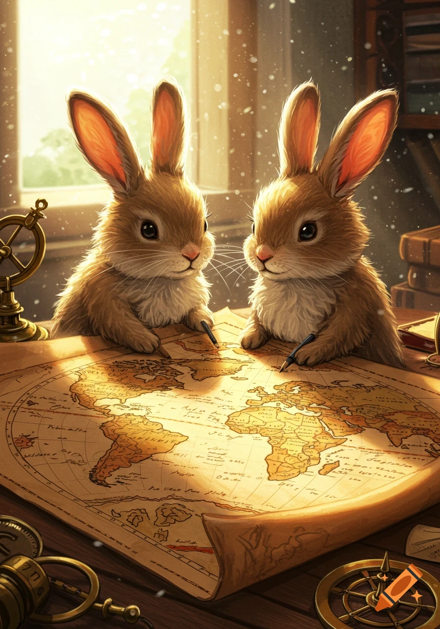 Two cute rabbits studying an old world map, each holding a pen, in a sunlit room with navigational tools.