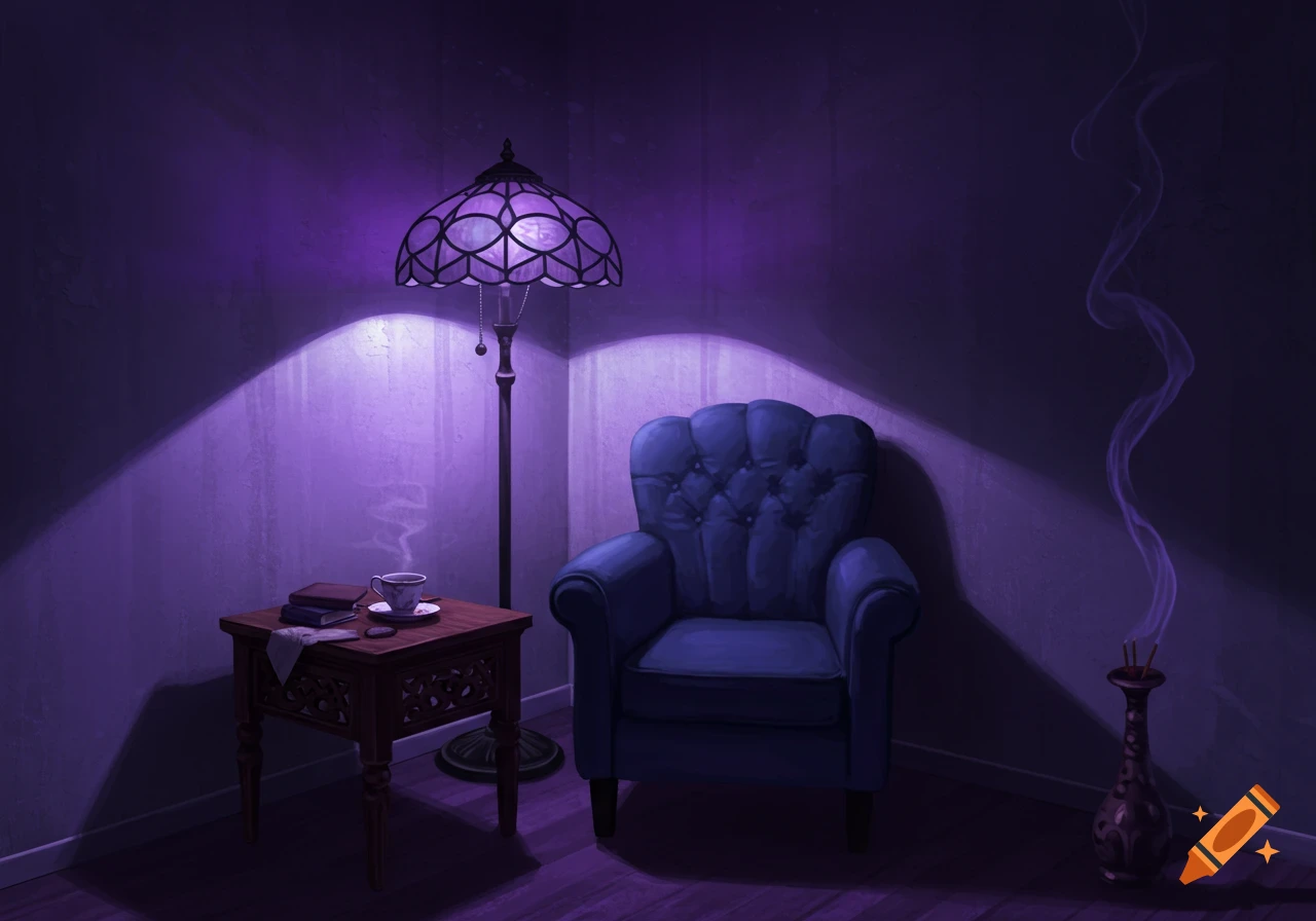 A cozy room corner lit by a purple Tiffany lamp. A blue armchair, a side table with books, a cup of tea, and an incense burner.