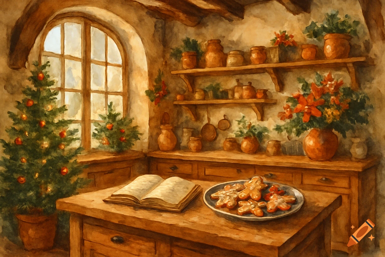 A cozy watercolor painting of a rustic Christmas kitchen with a decorated tree, an open recipe book, and gingerbread cookies.