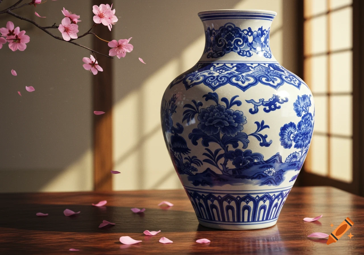 A detailed blue and white porcelain vase sits on a wooden table, surrounded by pink cherry blossoms and scattered petals, lit by sunlight from a window.