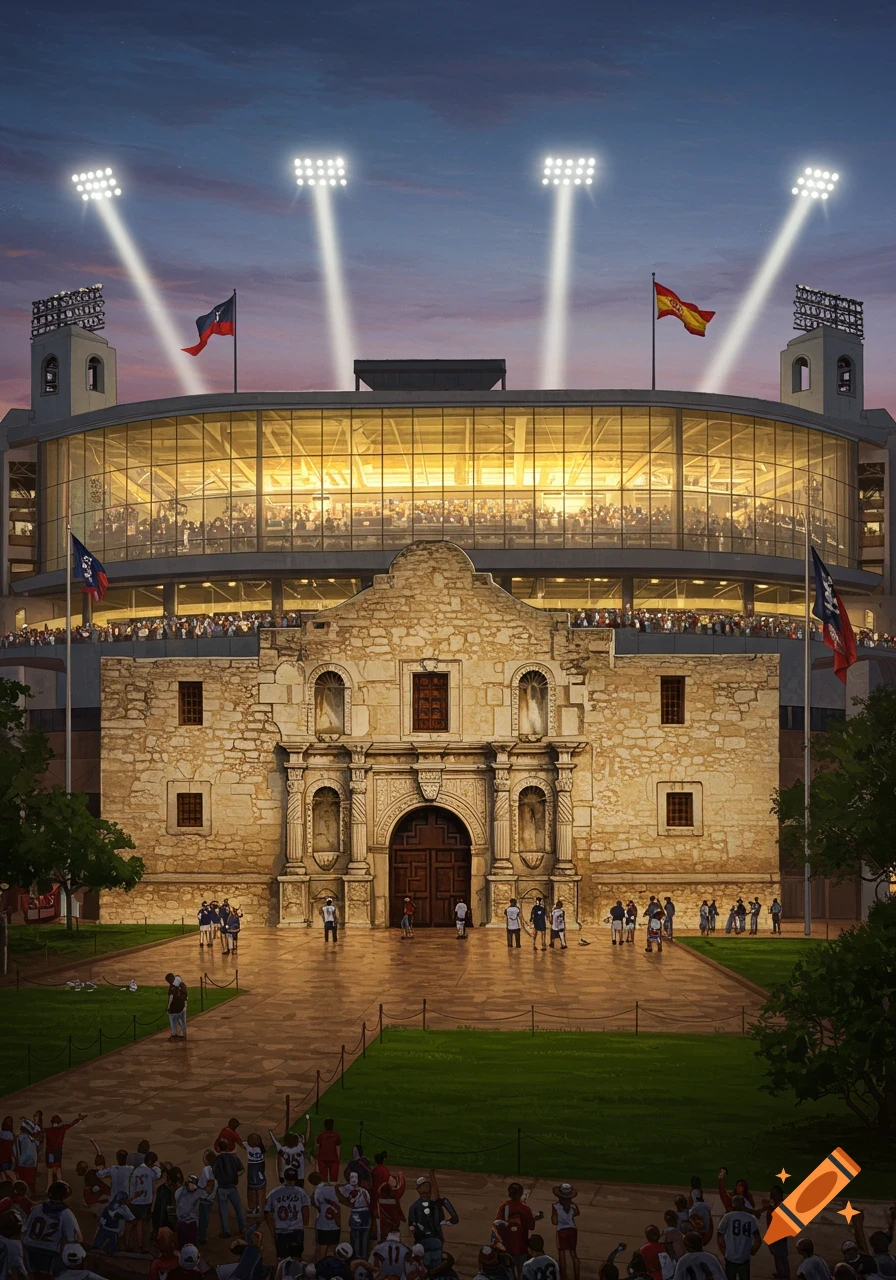 The historic Alamo mission incorporated into a large, illuminated football stadium at dusk, with crowds gathered around.