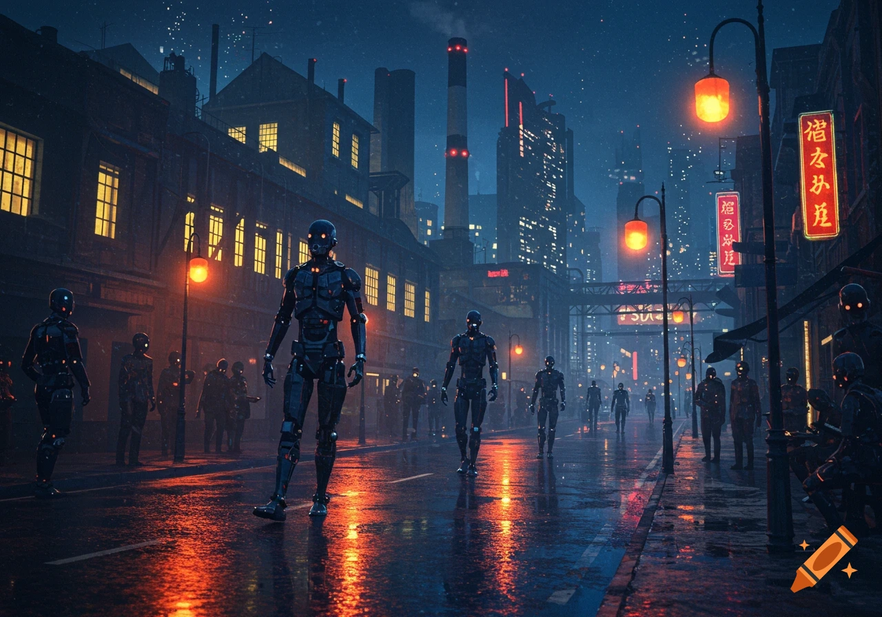 Dark cyberpunk city street at night with glowing-eyed robots marching on wet pavement, neon signs illuminate the background.