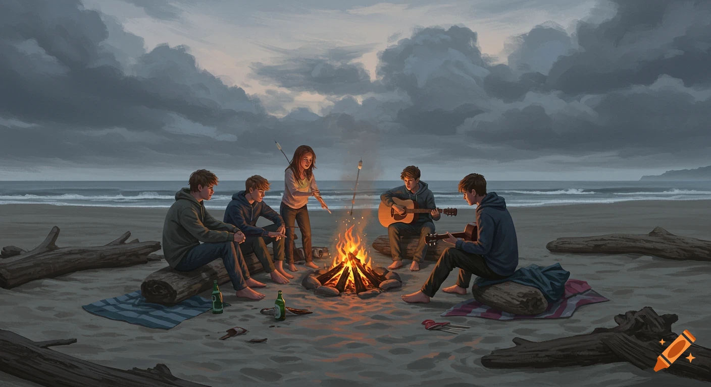 Digital painting of five teenage friends on a cloudy beach, sitting around a bonfire. Two play guitars while others roast marshmallows.