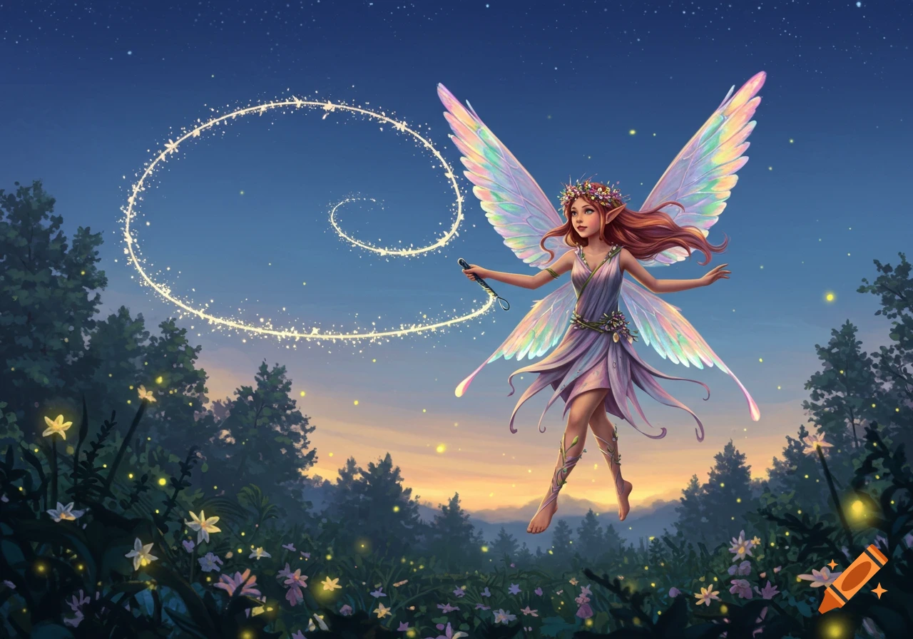 An illustrated magical faerie with colorful wings flies at twilight, creating a sparkling spiral trail in a glowing forest.