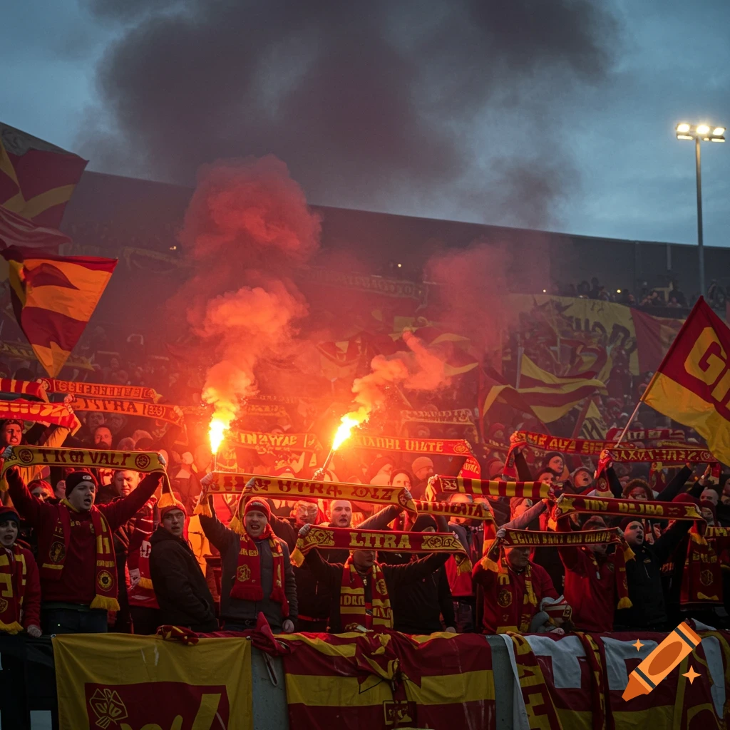 A large crowd of 'Ultras' football fans in a stadium, holding red and yellow flags and scarves with bright flares emitting smoke.