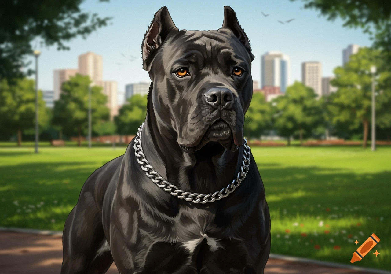 Illustrative portrait of a muscular black Cane Corso dog with a silver chain collar and cropped ears in a sunny park with city buildings.