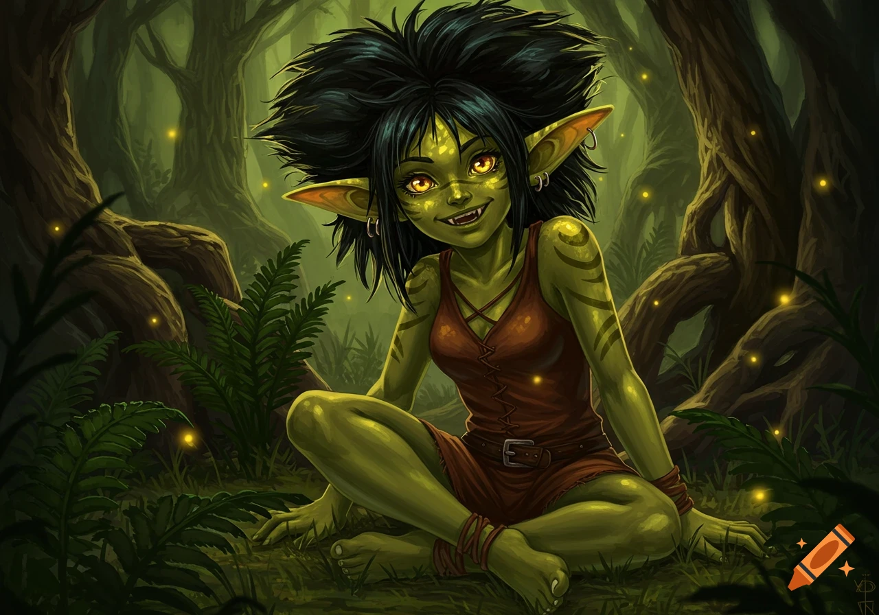 A green-skinned female goblin with sharp teeth, black spiky hair, and gold eyes sits cross-legged in a dark, magical forest with fireflies. Illustrative painting.