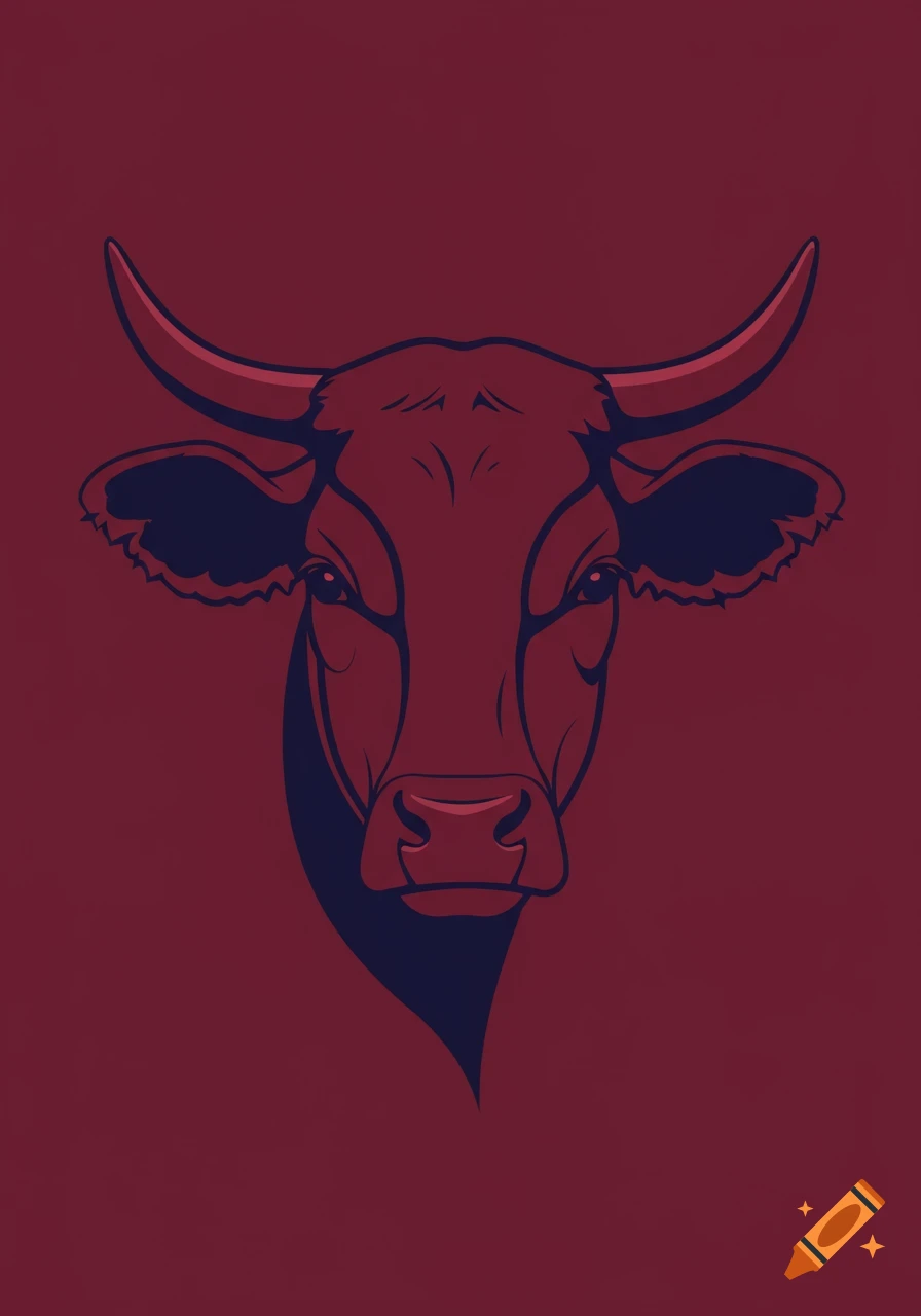 Minimalist vector art illustration of a cow's head with horns, in dark red and blue tones.