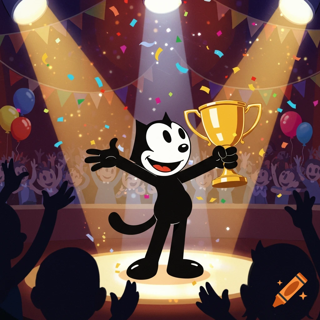 Felix the Cat stands on a spotlighted stage, smiling and holding a golden trophy, surrounded by confetti, balloons, and a cheering audience in a vibrant cartoon style.