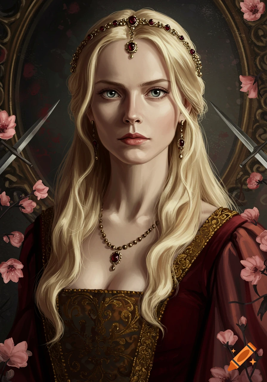 Digital painting of a determined blonde woman in a red and gold historical dress, adorned with jewels, with daggers and pink flowers in the background.