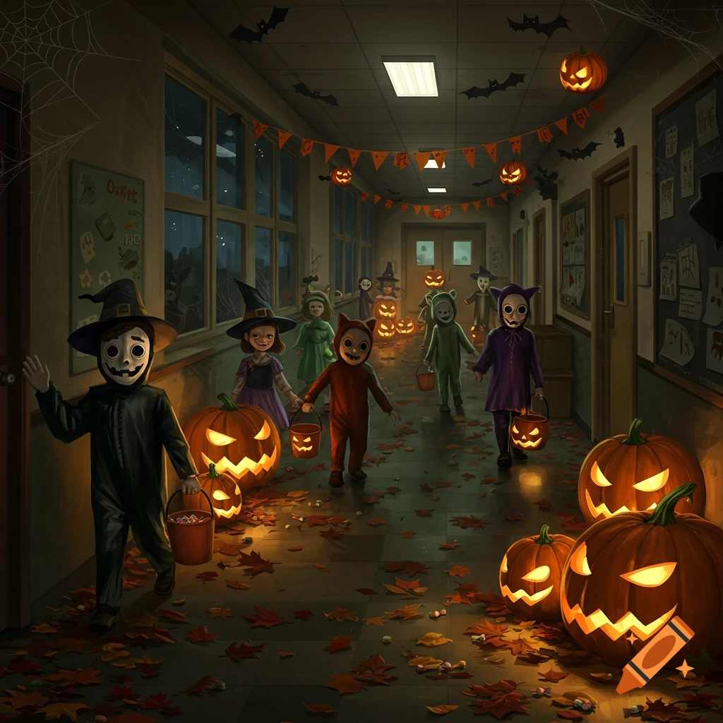 Children in Halloween costumes trick-or-treating in a dimly lit school hallway, surrounded by jack-o'-lanterns and fallen leaves.