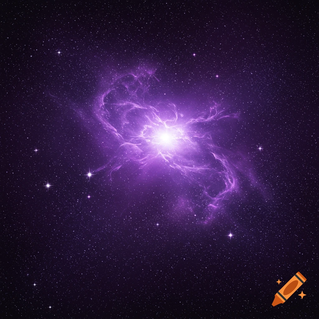 A vibrant purple nebula glows brightly amidst a dark, star-filled cosmic background.