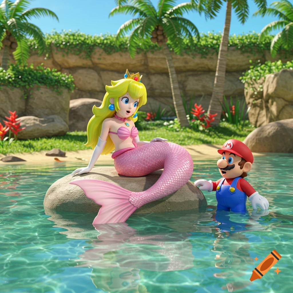 Princess Peach as a mermaid sits on a rock in a tropical lagoon with Mario wading in the water next to her, cartoon style.