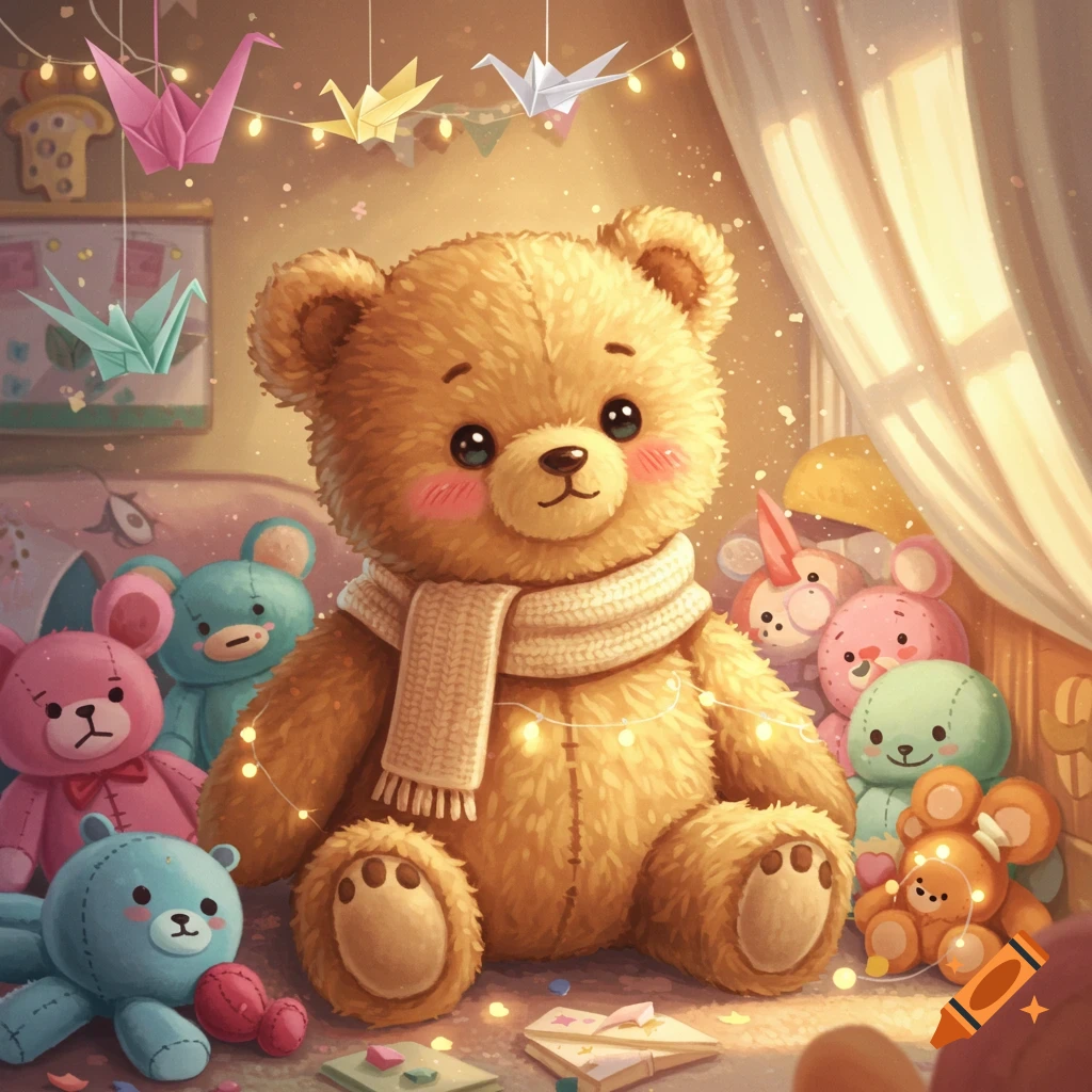 A cute brown teddy bear in a white scarf sits surrounded by colorful plush toys and string lights in a cozy, illustrated room.