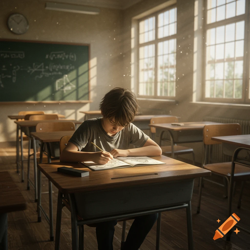 A young boy sits alone in a sunlit classroom, drawing in a sketchbook at a wooden desk.