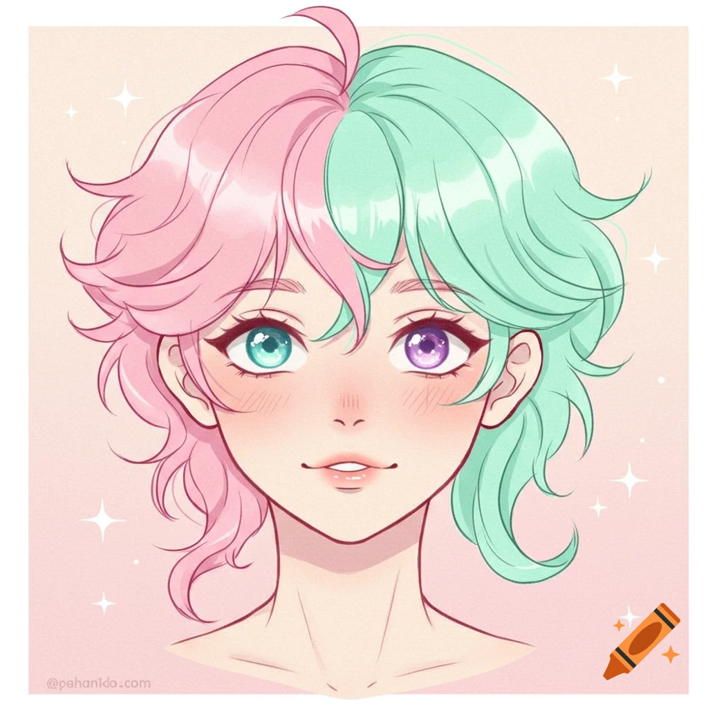 Anime portrait of a person with split pink and mint green hair and heterochromatic blue and purple eyes.