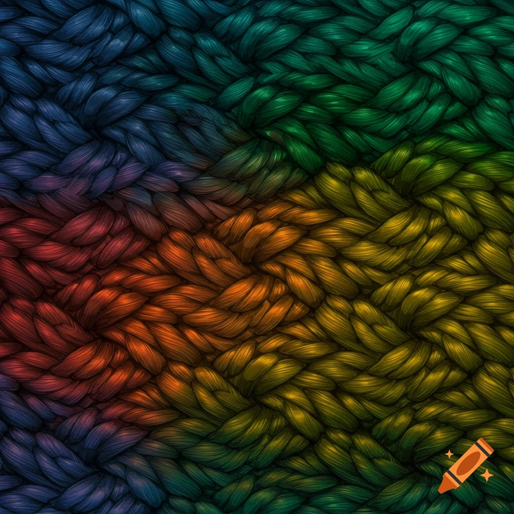 A seamless braided rope pattern transitioning through a rainbow of colors, including blue, green, yellow, orange, and red.