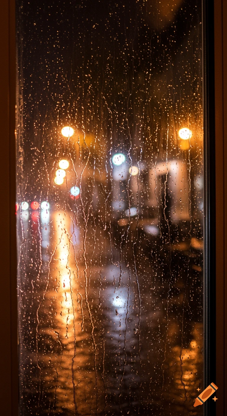 Photorealistic image of raindrops on a window pane at night, with blurry city lights reflected outside.