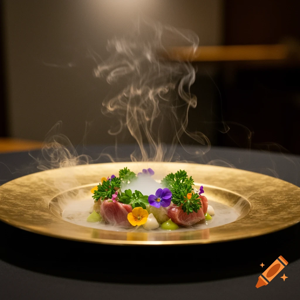 A gourmet dish on a gold plate with raw fish, parsley, colorful edible flowers, and rising smoke in a dark setting.