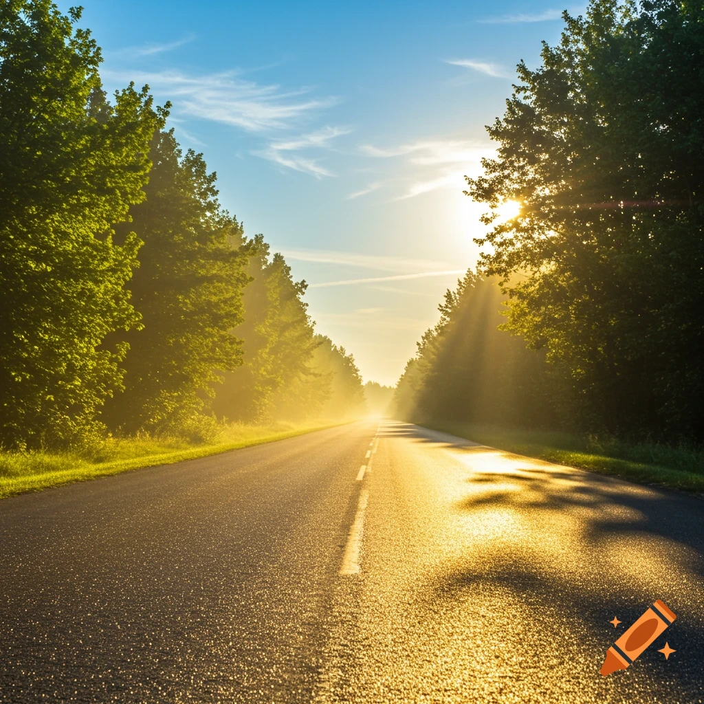 A sun-drenched road extends through a green forest at sunrise, with bright rays of light filtering through the trees.