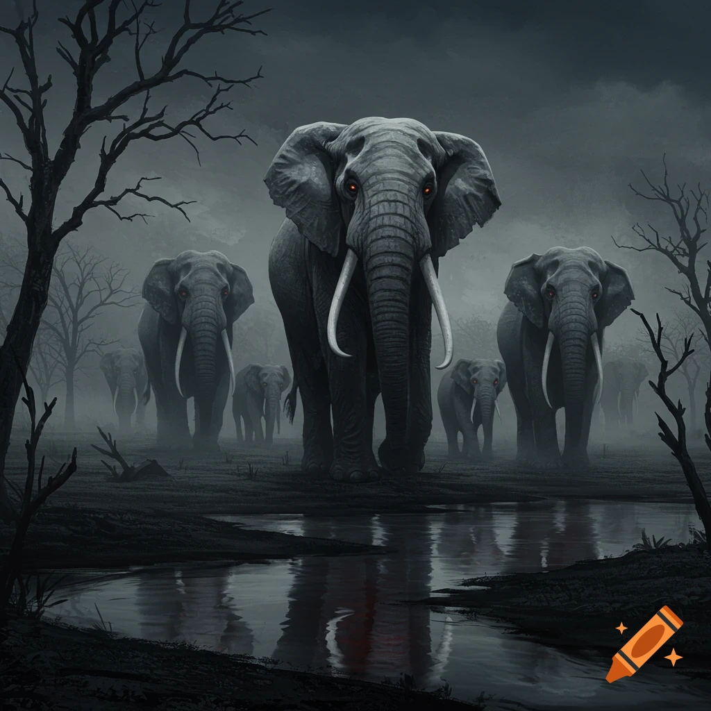 A herd of grey elephants with glowing red eyes walks through a dark, misty, desolate landscape with bare trees and a reflective puddle.