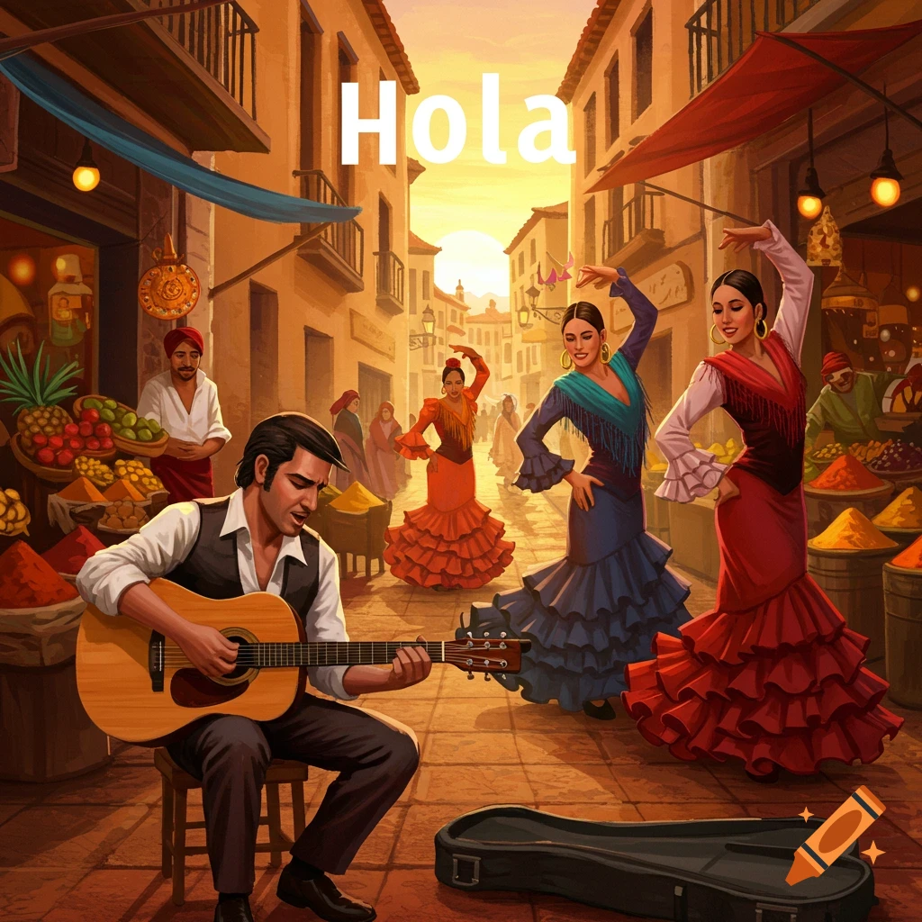 Illustration of a vibrant Spanish street market. A man plays guitar while three women in flamenco dresses dance, with "Hola" above.