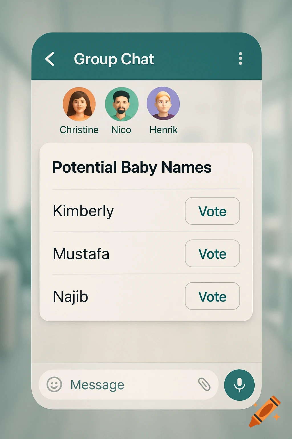 Screenshot of a mobile app group chat showing a poll for 'Potential Baby Names' with options Kimberly, Mustafa, Najib, featuring avatars for Christine, Nico, and Henrik.